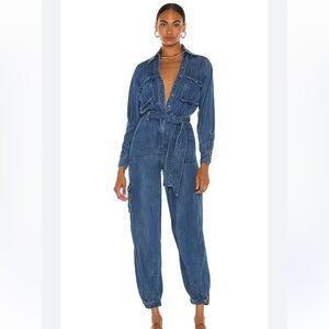 NWT LPA Revolve Amaya Chambray Belted Waist Tie Denim Jumpsuit Women's Large